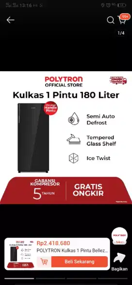 Kulkas polytron 1 pintu