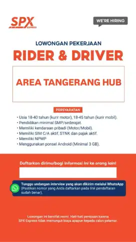 DIBUTUHKAN SEGERA KURIR SPX (RIDER&DRIVER)