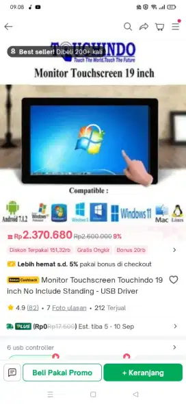 monitor touchscreen touchindo 19 inch baru