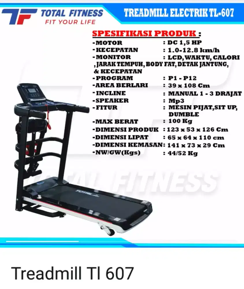Alat fitnes treadmill elektrik TL 607 mesin 2 hp