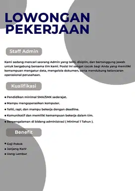 DIBUTUHKAN WANITA  ADMIN ONLINE SERTA BENDAHARA YANG BERPENGALMAN