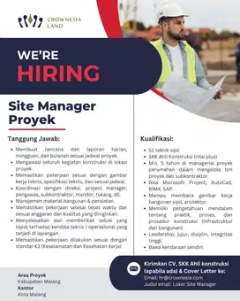 Lowongan Kerja Loker Site Manager Proyek Konstruksi Malang Jawa Timur