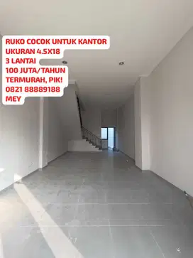 DISEWAKAN TERMURAH, RUKO BRAND NEW PIK, 3 LANTAI 100JUTA/THN READY