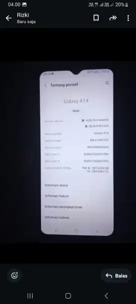 Jual hp samsung A14 bekas tp mulus luar dalam