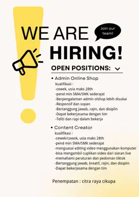 DIBUTUHKAN SEGERA ADMIN OLSHOP DAN CONTENT CREATOR