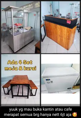 Jual Gerobak alumunium + Meja kasir + freezer Gea 200ltr + Meja cafe 4