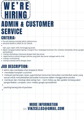 Dicari ADMIN KHUSUS WANITA, KIRIM CV KE EMAIL YA
