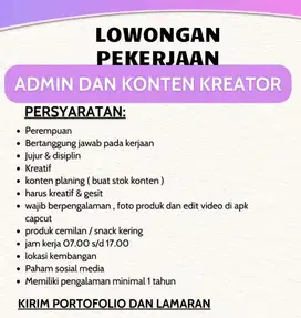 DI BUTUHKAN SEGERA ADMIN ,LIVE KONTEN KREATOR