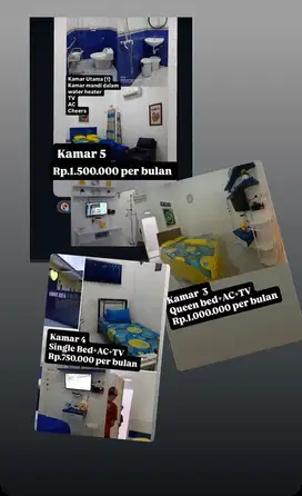 Kostan Bulanan untuk Laki-laki  kamar full furnished kamar mandi dalam