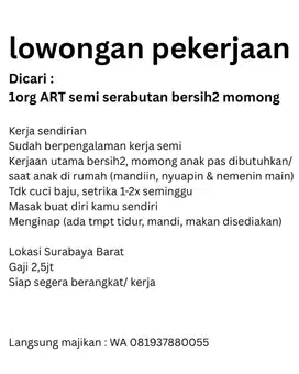 Cari ART semi, serabutan bersih2 momong