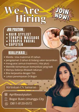 Lowongan salon Terapis,hair stylist,capster