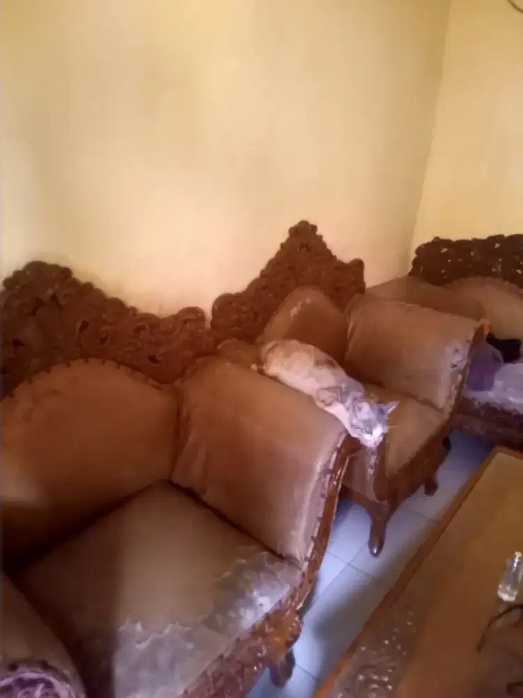 satu set kuris sofa kulit dari jati ukir jepara