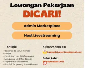 Lowongan Pekerjaan Dicari Admin Online Marketplace & Host Live