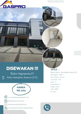 Ruko Hampton Avenue Cuma 100 jutaan per bulan paling premium hadap jln