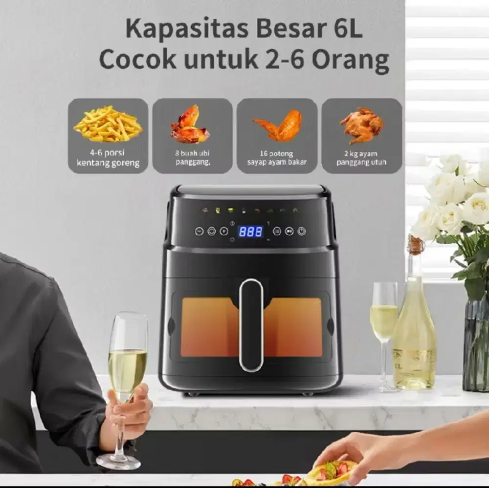 Air Fryer 6L – Layar Sentuh, 8 Menu, Cepat & Hemat Listrik