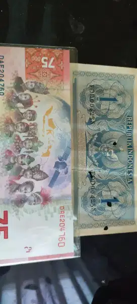 75.000 uang baru dan 1 rupiah uang lama