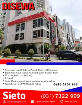 Disewakan Cepat! Ruko di Puncak Bukit Golf Surabaya
