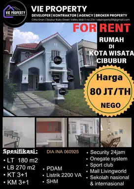 Di Sewakan Rumah Cantik Siap Huni 80jt/Thn Nego. Kota Wisata Cibubur.