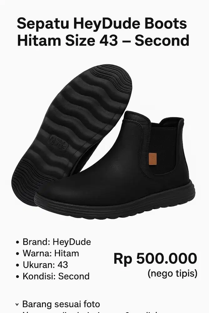 Sepatu HeyDude Boots Hitam Size 43