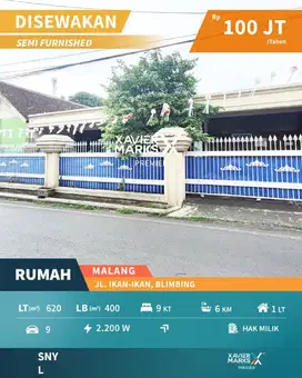Disewakan Rumah luas Jalan Ikan-ikanan, Blimbing Malang