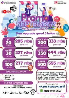 PROMO WIFI murah MY REPUBLIC Gratis biaya pasang boss!