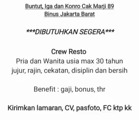 Lowongan Kerja Crew Resto Rumah Makan Binus Jakarta Barat