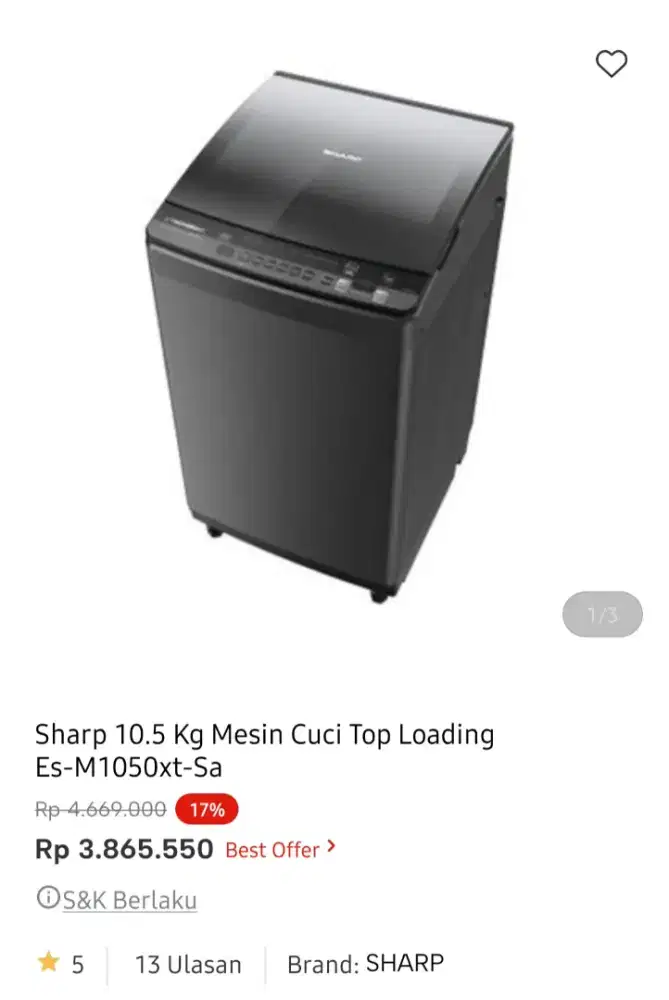 Sharp wash mach Top loading 10.5kg