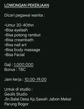 Lowongan Pekerja untuk Studio/Salon