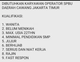 URGENT!! DIBUTUHKAN CEPAT KARYAWATI UNTUK SPBU