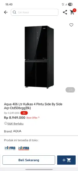 Ready stok kulkas aqua side by side murah