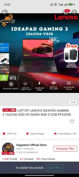 Laptop Lenovo Ideapad Gaming 3 R5 5600H 16GB 512GB RTX3050