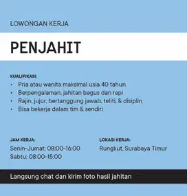 DIBUTUHKAN PENJAHIT, TUKANG POTONG, ASISTEN KONVEKSI