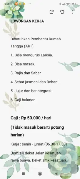 Dibutuhkan Pembantu / Asisten Rumah Tangga (pulang pergi)