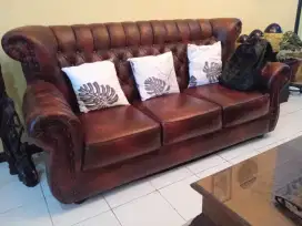 DIJUAL SET SOFA KURSI TAMU MEWAH 3+2+1, KULIT MULUS, BUSA TEBAL, BEKAS