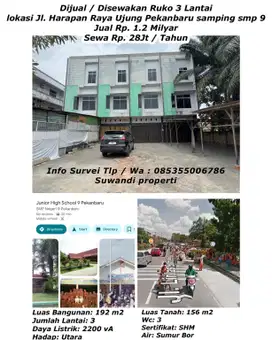 Dijual/disewakan ruko 3 lantai jln.harapan raya ujung