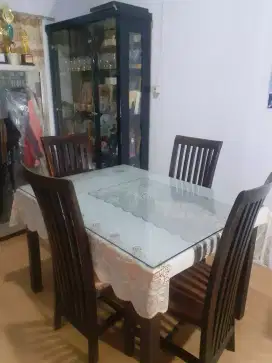 D jual Cepat Meja makan Kayu second 1 set + kaca polos tebal