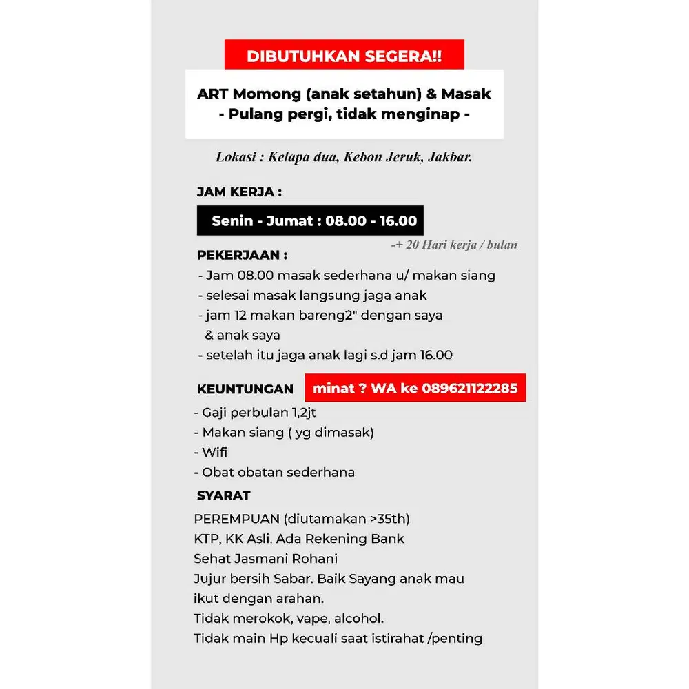 ART Pulang Pergi - Momong anak & Masak sederhana