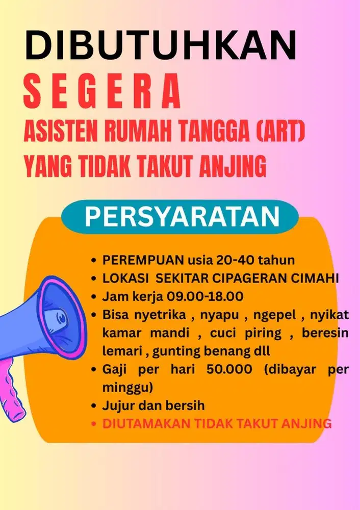 DIBUTUHKAN ART YANG TIDAK TAKUT ANJING