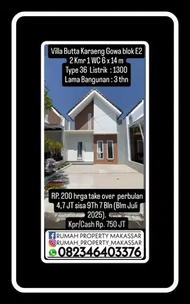Villa Butta Karaeng Gowa blok E2 2 Kmr 1 WC 6 x 14 m Type 36  L