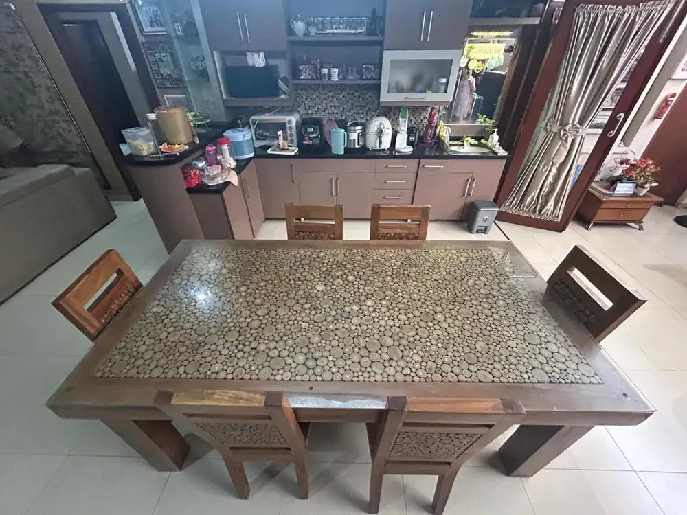 meja makan kayu kursi 6