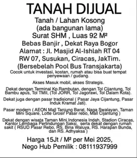 Dijual Tanah buat pecah waris di Ciracas, Jakarta Timur