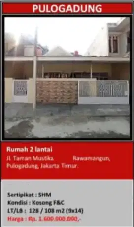 Dijual Rumah Taman Mustika Rawamangun Pulogadung