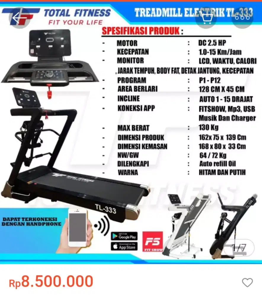 Treadmill elektrik TF 333 hitam mesin besar