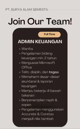 Bergabunglah bersama kami : Admin Keuangan