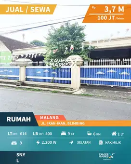 Rumah Luas Strategis Banyak Kamar di Ikan Ikan Blimbing Malang