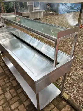 meja display 2 susun + upper stainless steel