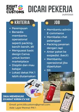 Lowongan, Admin, Customer Service, Back-end Packing Kirim SEMUANYA