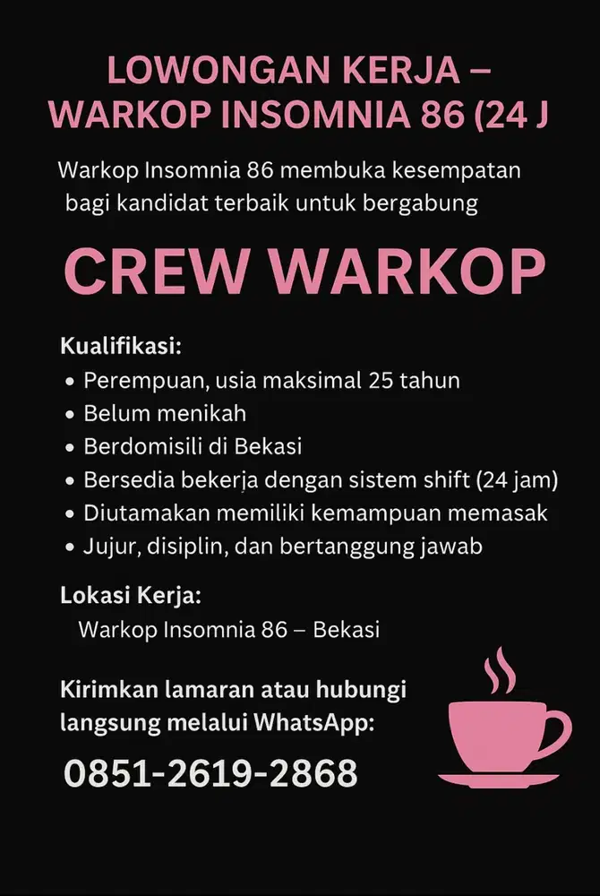 LOWONGAN KERJA – Warkop Insomnia 86 (24 Jam)