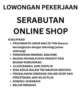 LOWONGAN KERJA ONLINE SHOP PERCETAKAN DAN SERABUTAN