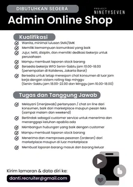 DIBUTUHKAN ADMIN ONLINE SHOP (PENEMPATAN KALIDERES, JAKARTA BARAT)